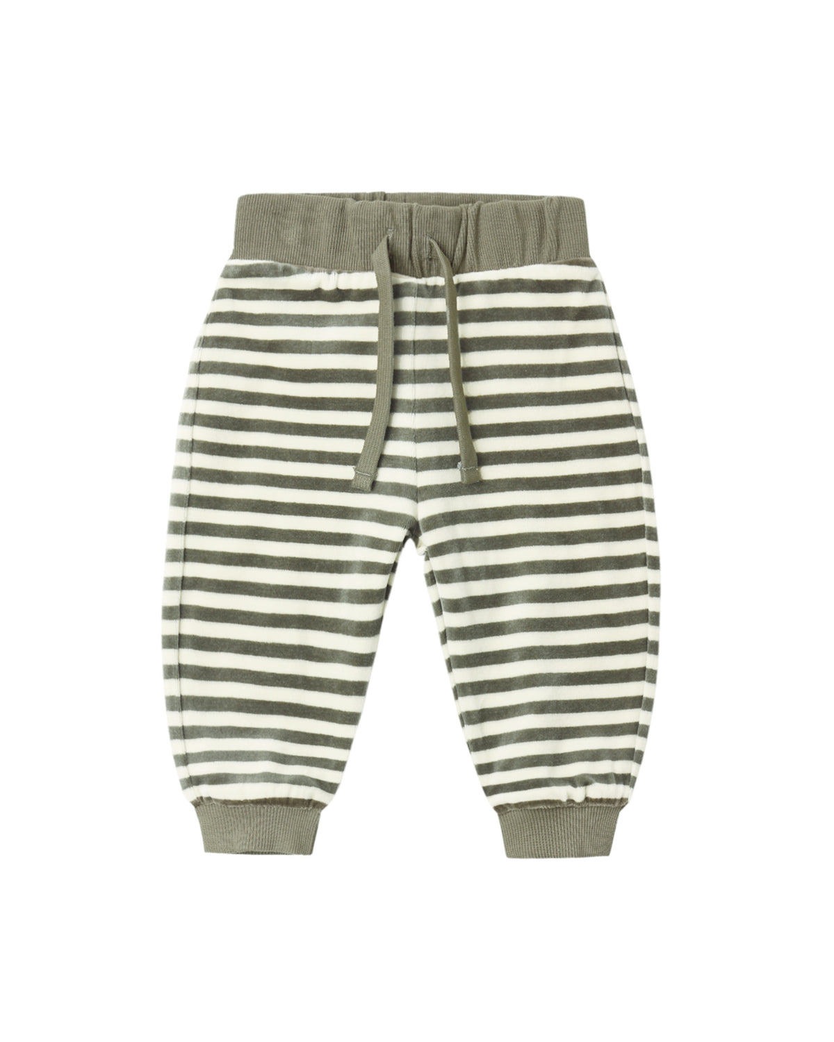 Quincy Mae Spruce Stripe Velour Relaxed Sweatpant showing soft fabric with green and white stripe pattern and relaxed fit
