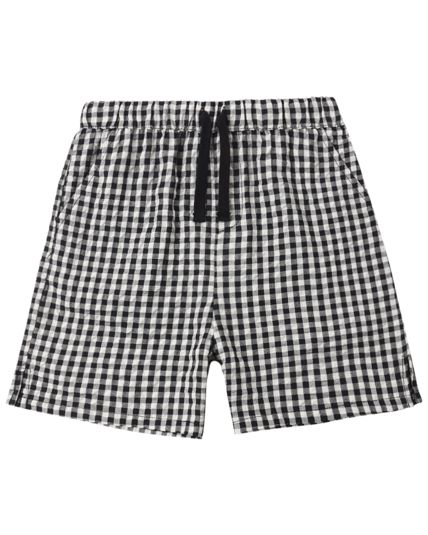 Black check Perry shorts by Rylee & Cru featuring a relaxed fit and classic check pattern, perfect for casual wear.
