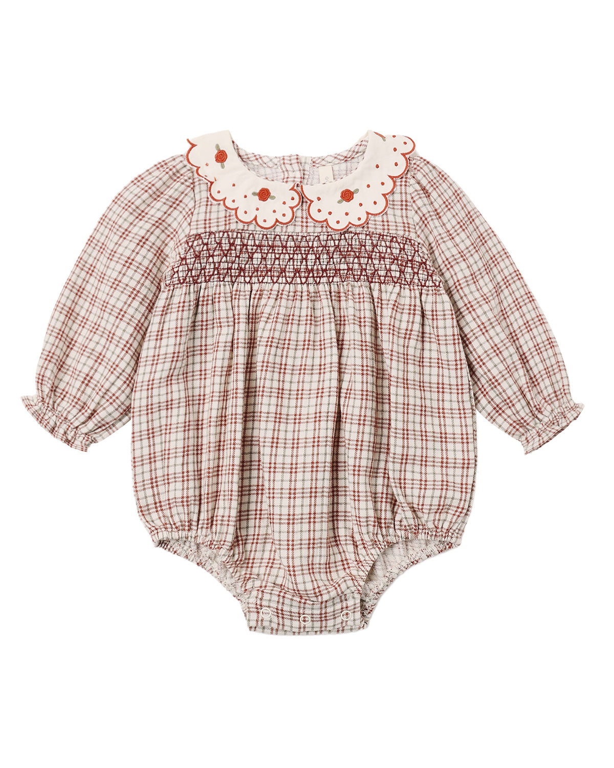 Quincy Mae Christmas plaid Callie romper for babies, featuring red and green tartan pattern, soft cotton fabric, and cozy fit.