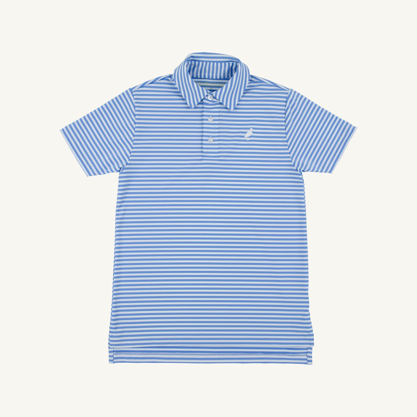 The Beaufort Bonnet Company Sunrise Blvd blue stripe and Worth Ave white PrepleticTM Prim and Proper Polo, displayed flat.