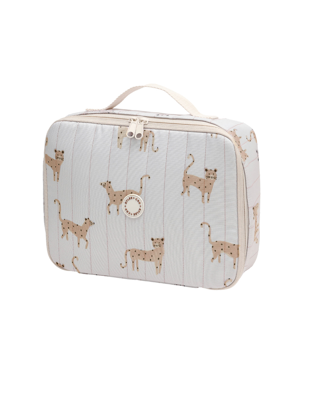Leopard print Rylee & Cru lunch bag with insulated interior and adjustable strap, perfect for kids' school meals.