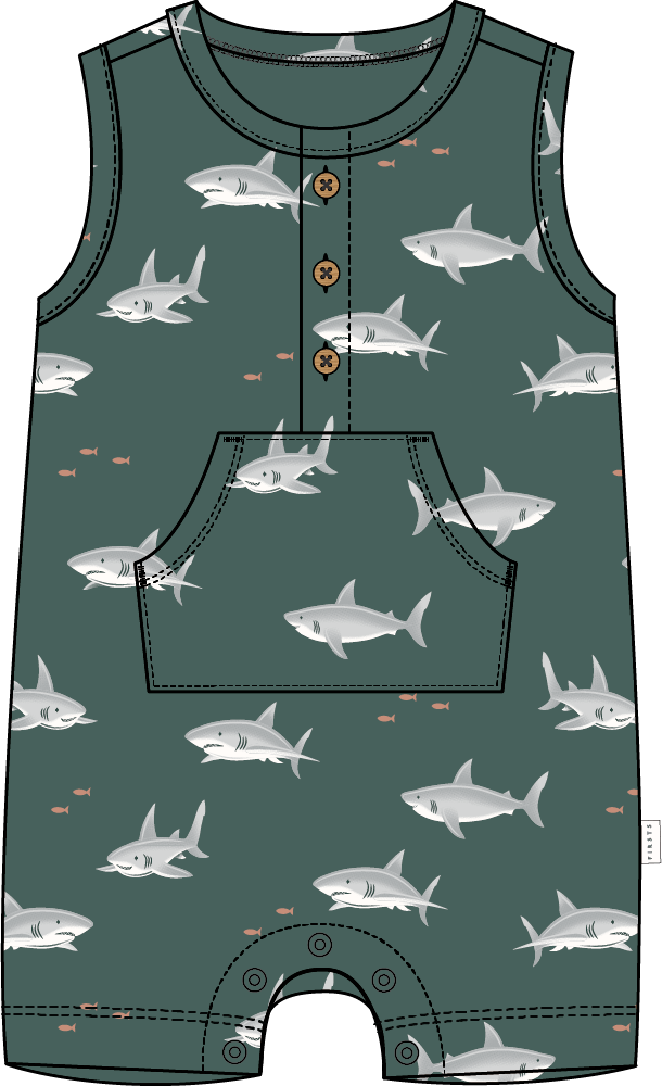 Petit Lem teal shark romper for babies, featuring a playful shark print and comfortable fabric for everyday wear.