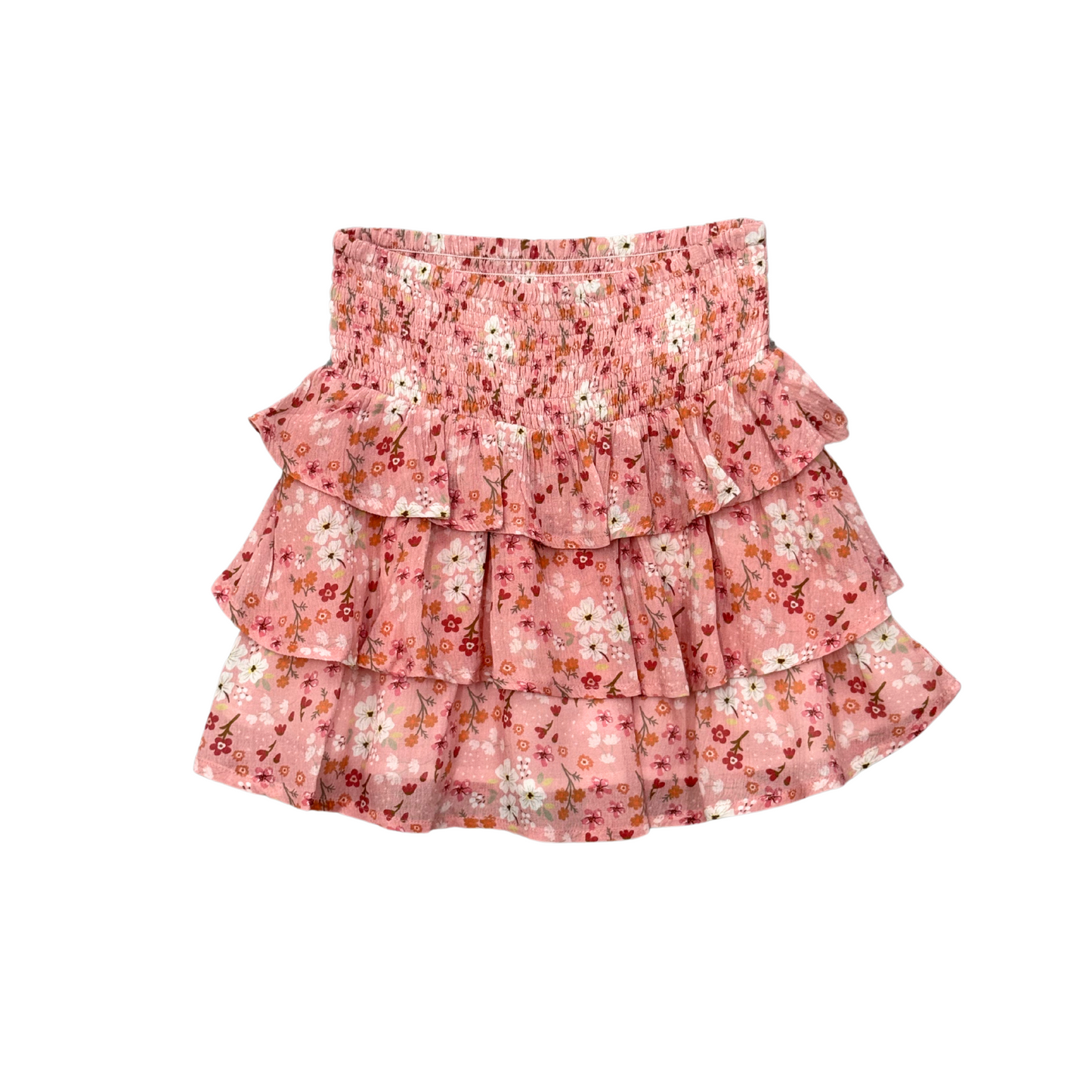 Babysprouts Hannah Bouquet floral tiered mini skirt with colorful flower pattern and ruffled layers for girls' summer fashion.