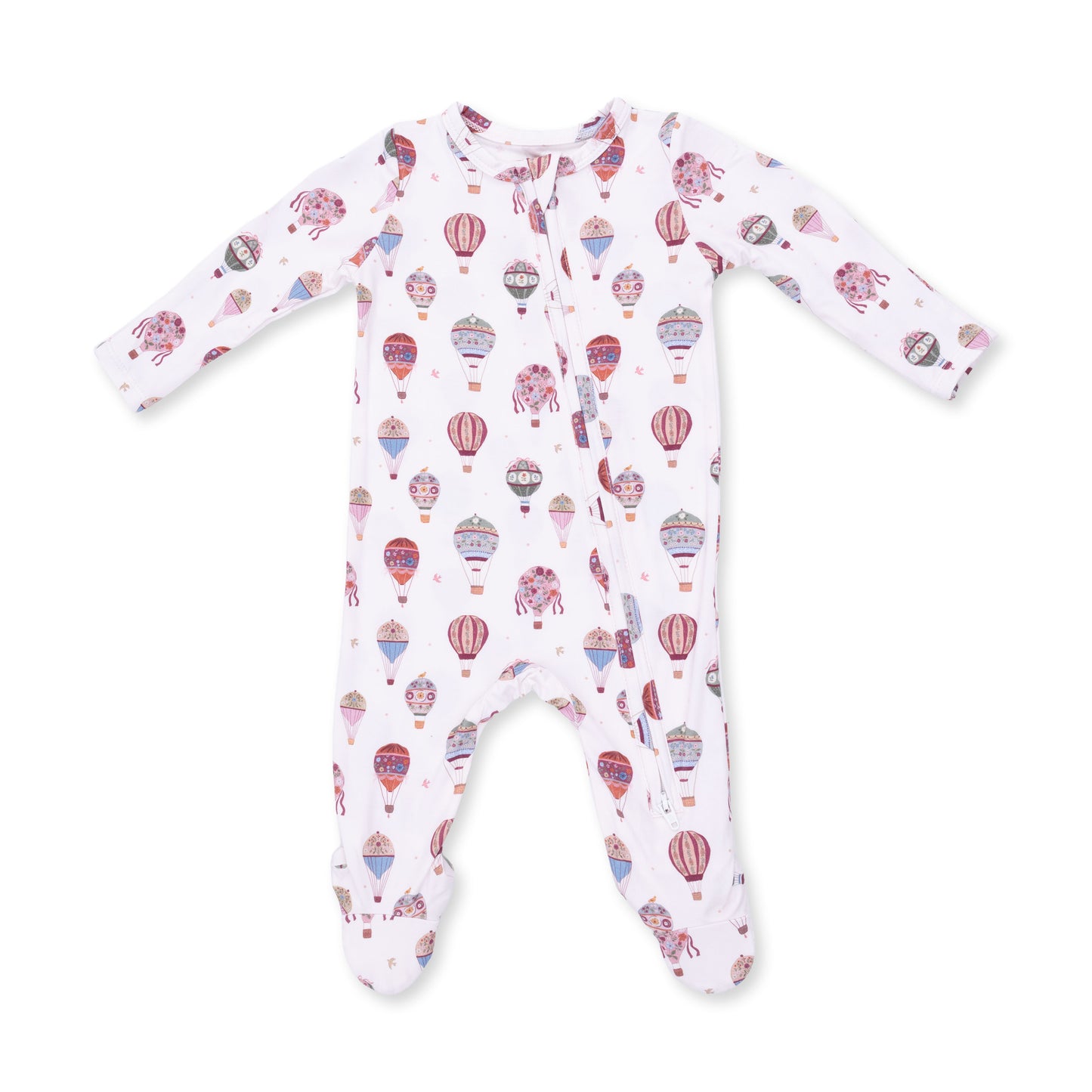 Angel Dear hot air balloon zip footie for infants, featuring colorful balloon pattern and cozy fabric for comfortable wear.