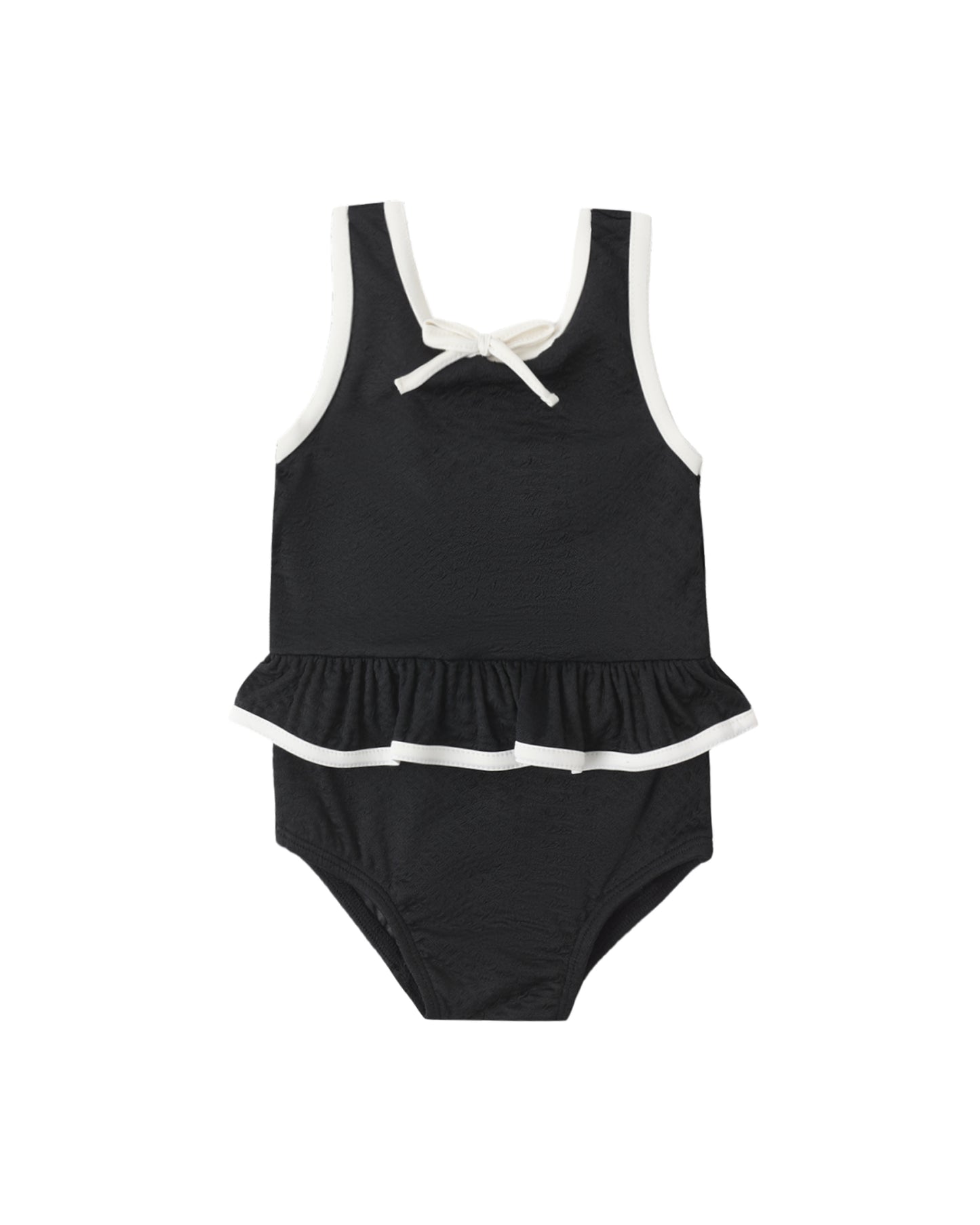 Black skirted one-piece swimsuit by Rylee & Cru featuring a sleek design with a fitted silhouette and shoulder straps.