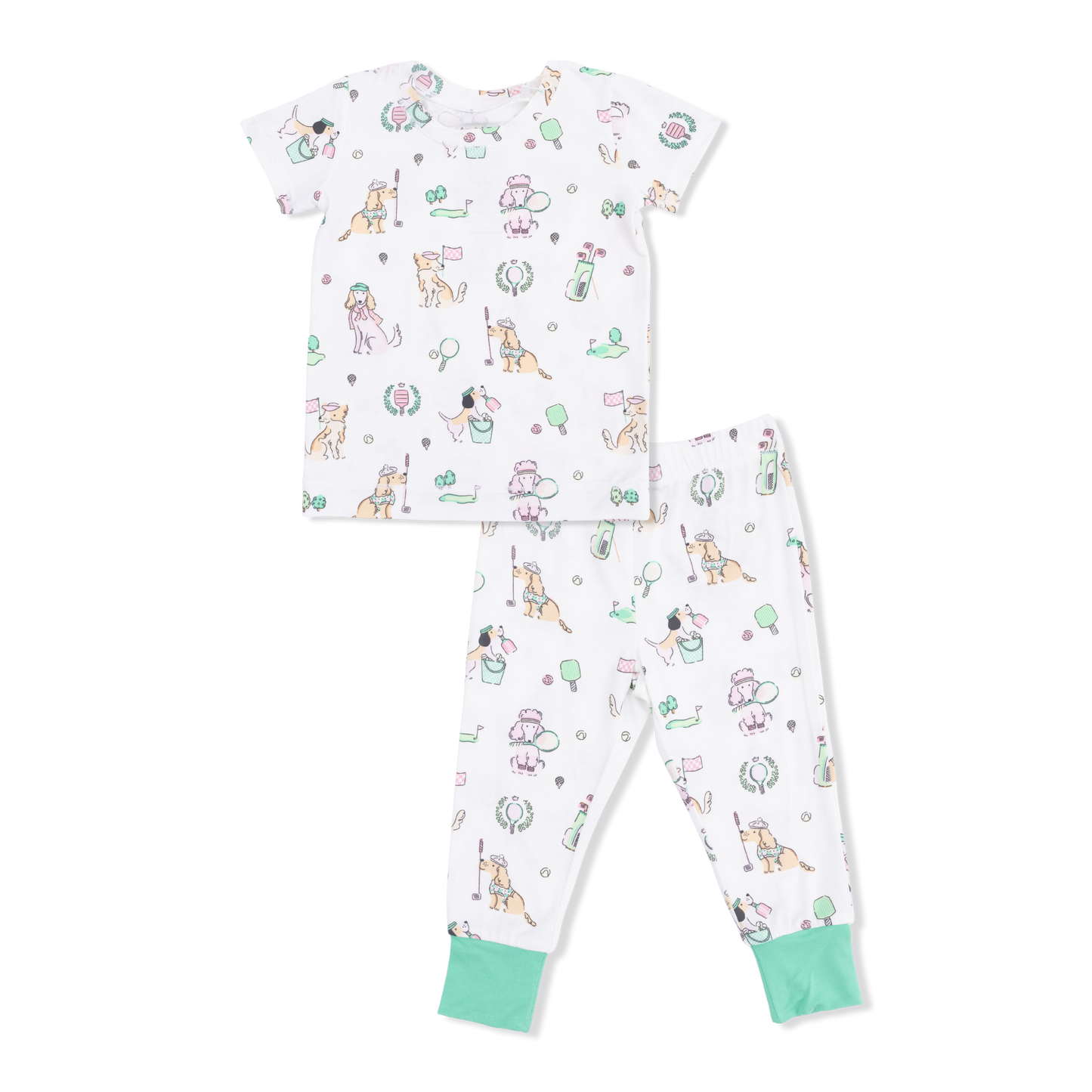 Pink short sleeve loungewear set for dogs by Angel Dear, featuring a cozy, stylish country club dog design.