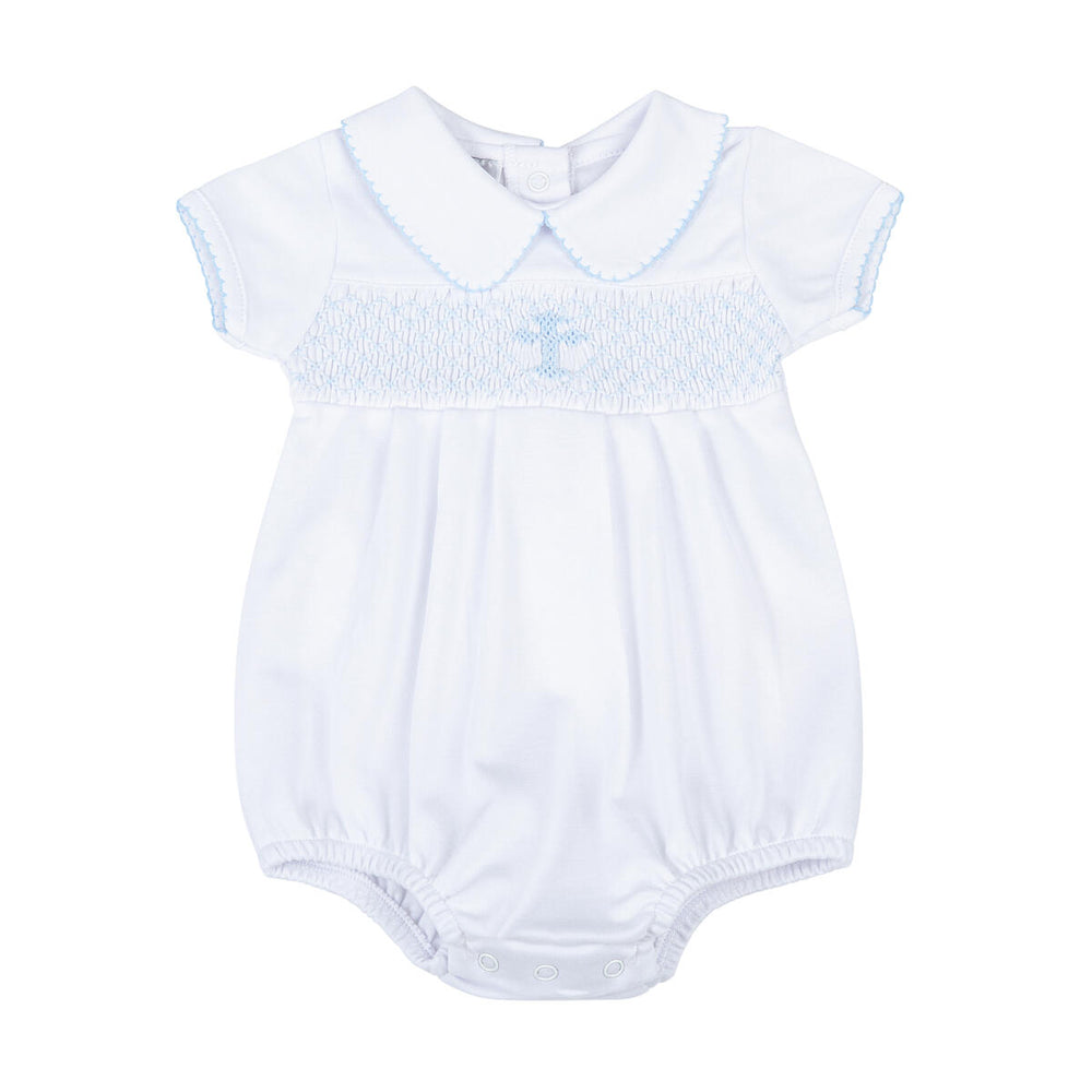 Magnolia Baby - Blessed Blue Smocked Collared S/S Boy Bubble