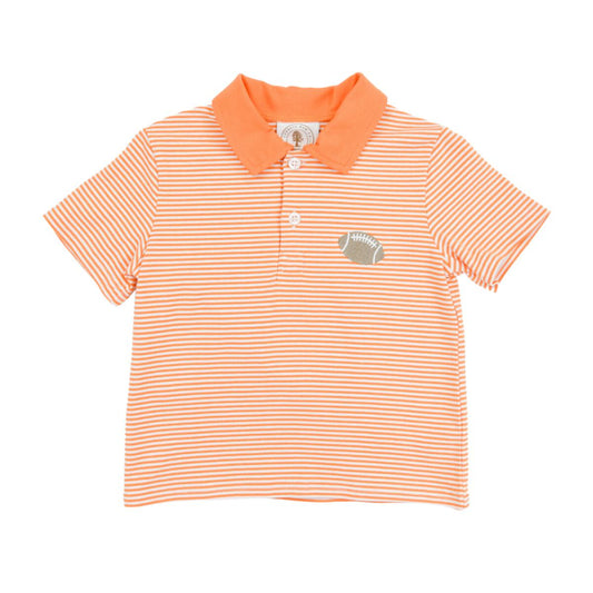 Orange Stripe Tailgate Polo shirt by Cypress Row, featuring a classic collar and vibrant stripe design, displayed on a hanger.