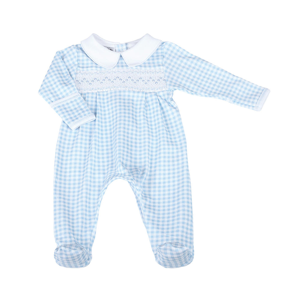 Magnolia Baby - Mini Checks Blue Smocked Collared Boy Footie