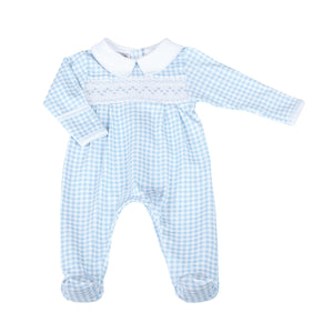 Magnolia Baby - Mini Checks Blue Smocked Collared Boy Footie