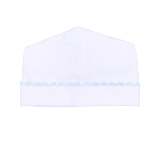Magnolia Baby Baby Joy Blue Crochet Trim Hat, soft baby hat with blue color and delicate crochet detailing, suitable for infants.