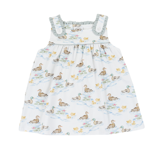 Darling Ducks Stella Sun Dress by Cypress Row shown in a vibrant, lightweight fabric with floral pattern and adjustable straps.