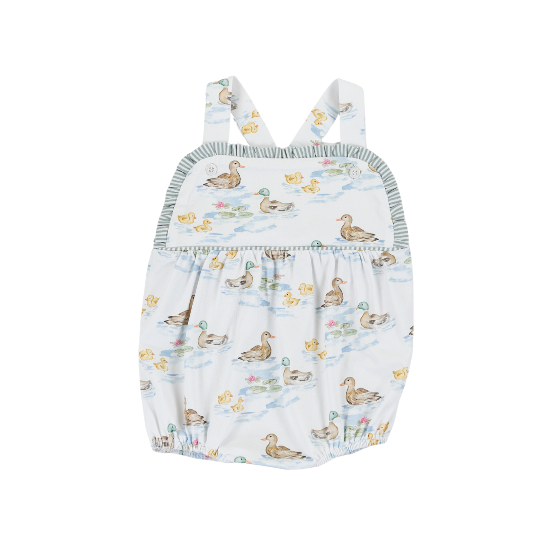 Baby girl Darling Ducks Sarabeth sunsuit by Cypress Row, featuring colorful duck print and sleeveless design, perfect for summer wear.