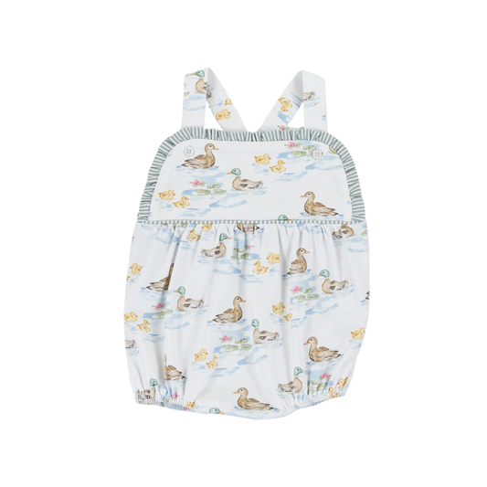 Baby girl Darling Ducks Sarabeth sunsuit by Cypress Row, featuring colorful duck print and sleeveless design, perfect for summer wear.
