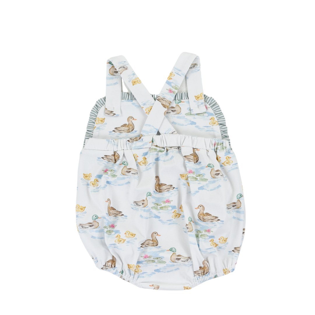 Darling Ducks Sarabeth Sunsuit by Cypress Row, lightweight baby romper with cute duck pattern and adjustable shoulder straps.