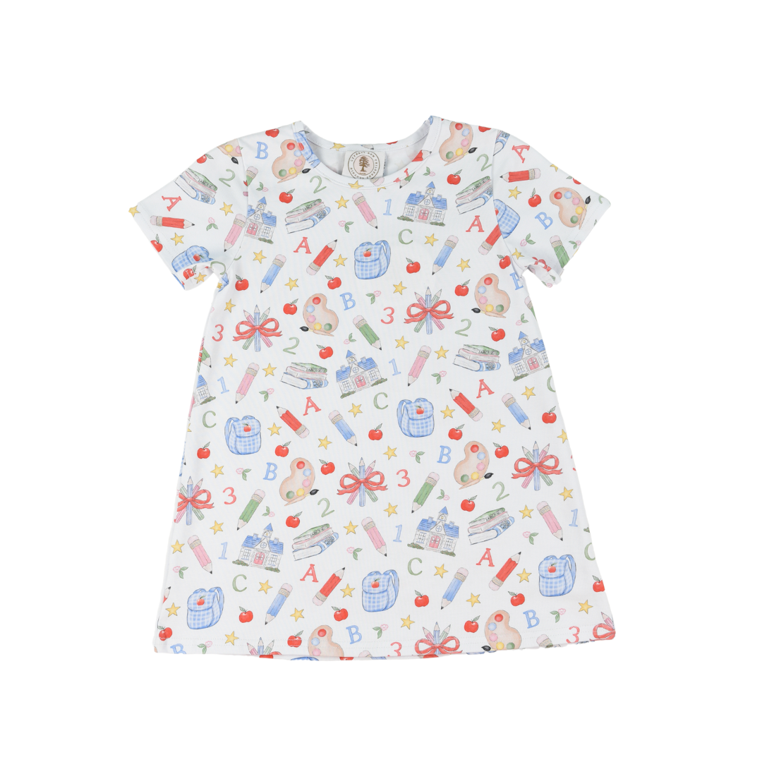 Susie Swing Dress by Cypress Row featuring colorful school supplies print, casual style, and comfortable fit for kids.