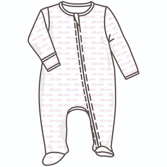 Magnolia Baby Little Sister print zip footie for infants, featuring a soft fabric with cute floral design and full-length zipper.
