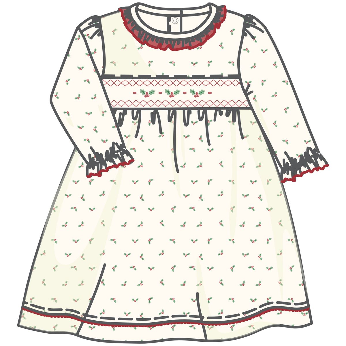 Winter Berries Ivory Smocked L/S Toddler Dress