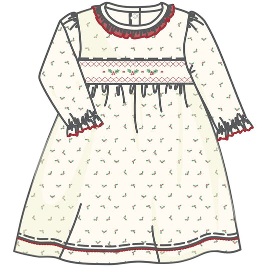 Winter Berries Ivory Smocked L/S Toddler Dress
