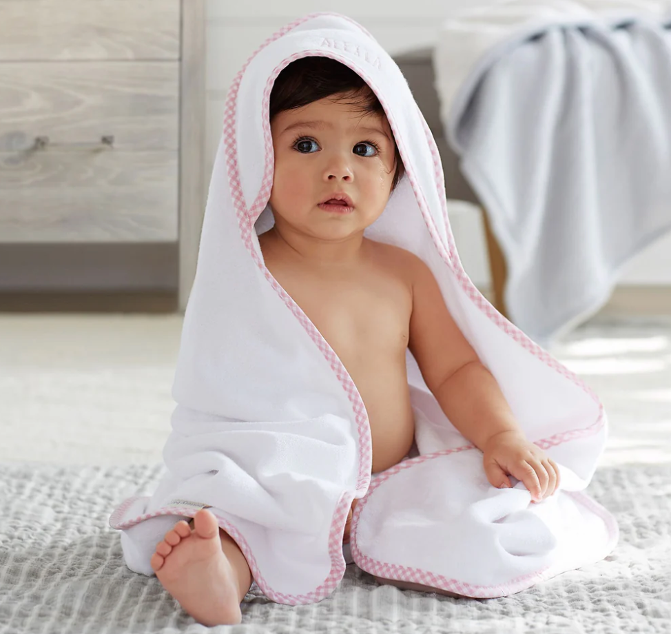 Pink Gingham Trim Hooded Towel and Washcloth Set