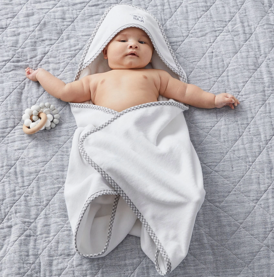 Gray Gingham Trim Hooded Towel and Washcloth Set
