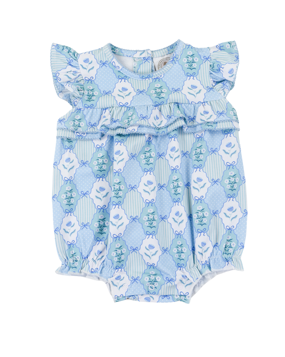 Floral Blues Rosalie Ruffle Romper by Cypress Row featuring a blue floral pattern and ruffled details on a lightweight fabric