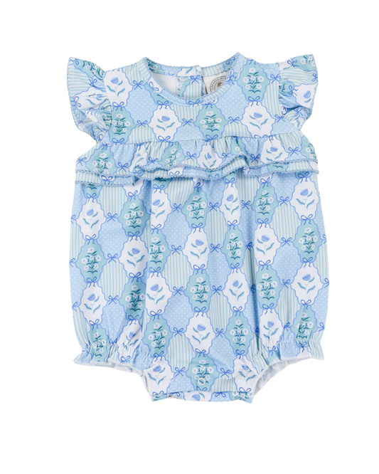 Floral Blues Rosalie Ruffle Romper by Cypress Row featuring a blue floral pattern and ruffled details on a lightweight fabric