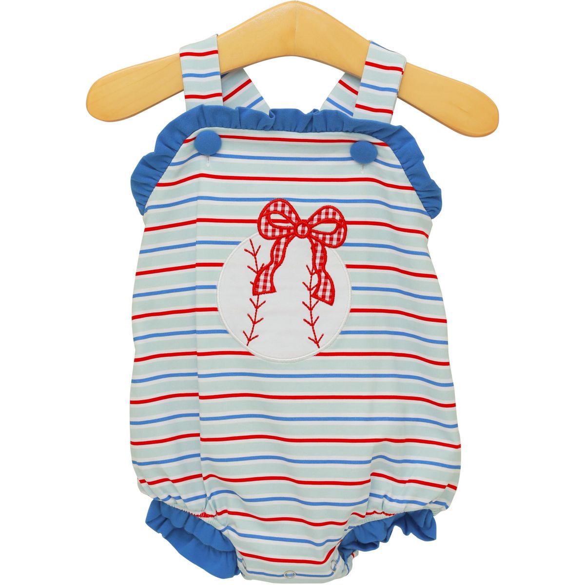 Play Ball Ruffle Sunsuit by Trotter Street, featuring a colorful sleeveless design with ruffles for toddlers and babies.