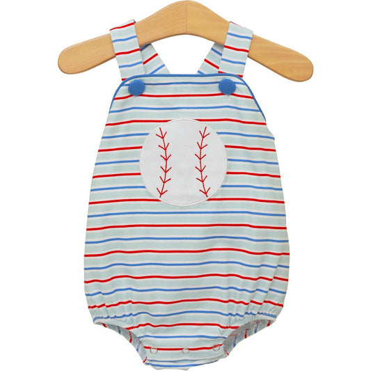 Baby Play Ball Sunsuit by Trotter Street, featuring colorful ball pattern and lightweight fabric for comfortable summer wear.