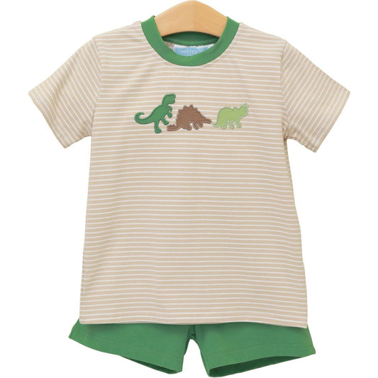 Cute Dino-Mite Short Set for kids by Trotter Street, featuring colorful dinosaur prints and comfortable fabric.