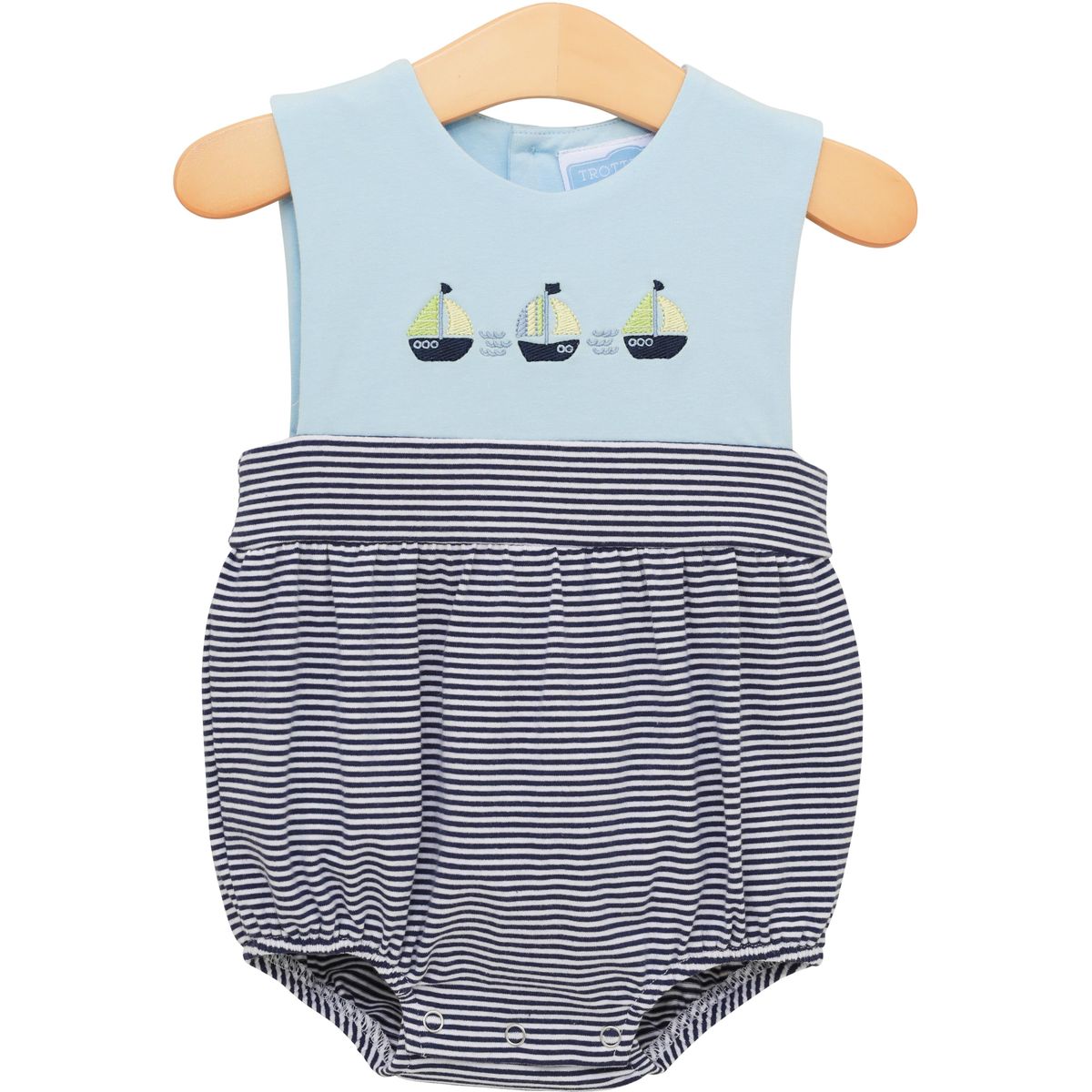 Trotter Street Set Sail sunsuit for babies featuring a nautical print and short sleeves, perfect for warm weather outdoor play.