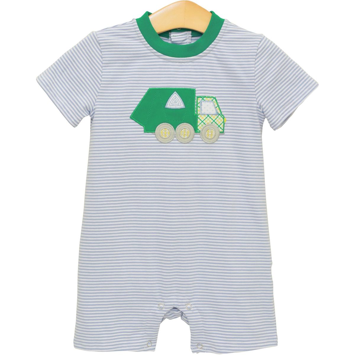 Trotter Street Clean Up Crew romper in light blue, featuring short sleeves, button front, and casual design for kids.