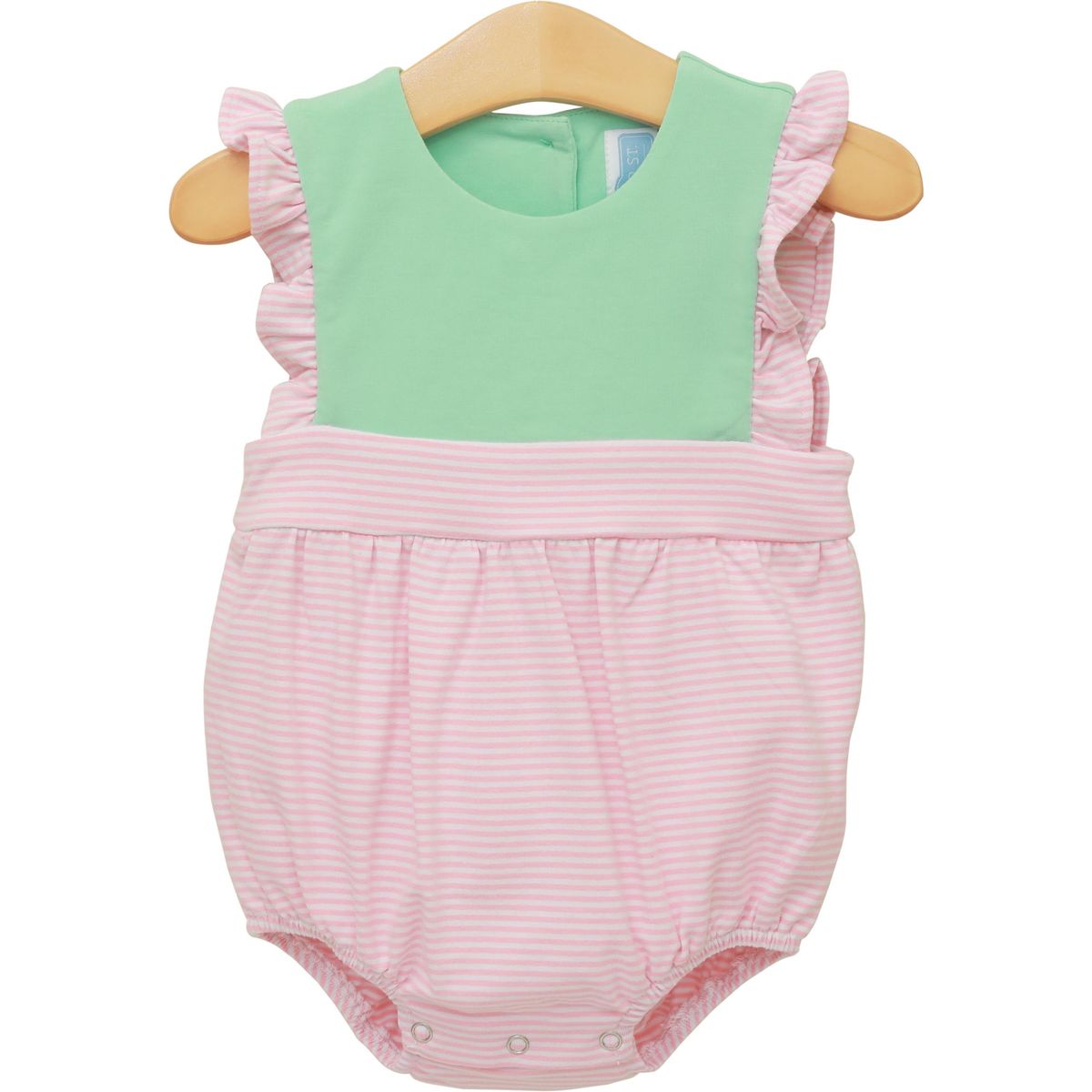 sea glass mint top with pink and white stripe bottom and flutter baby girl bubble