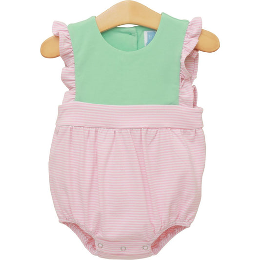 sea glass mint top with pink and white stripe bottom and flutter baby girl bubble
