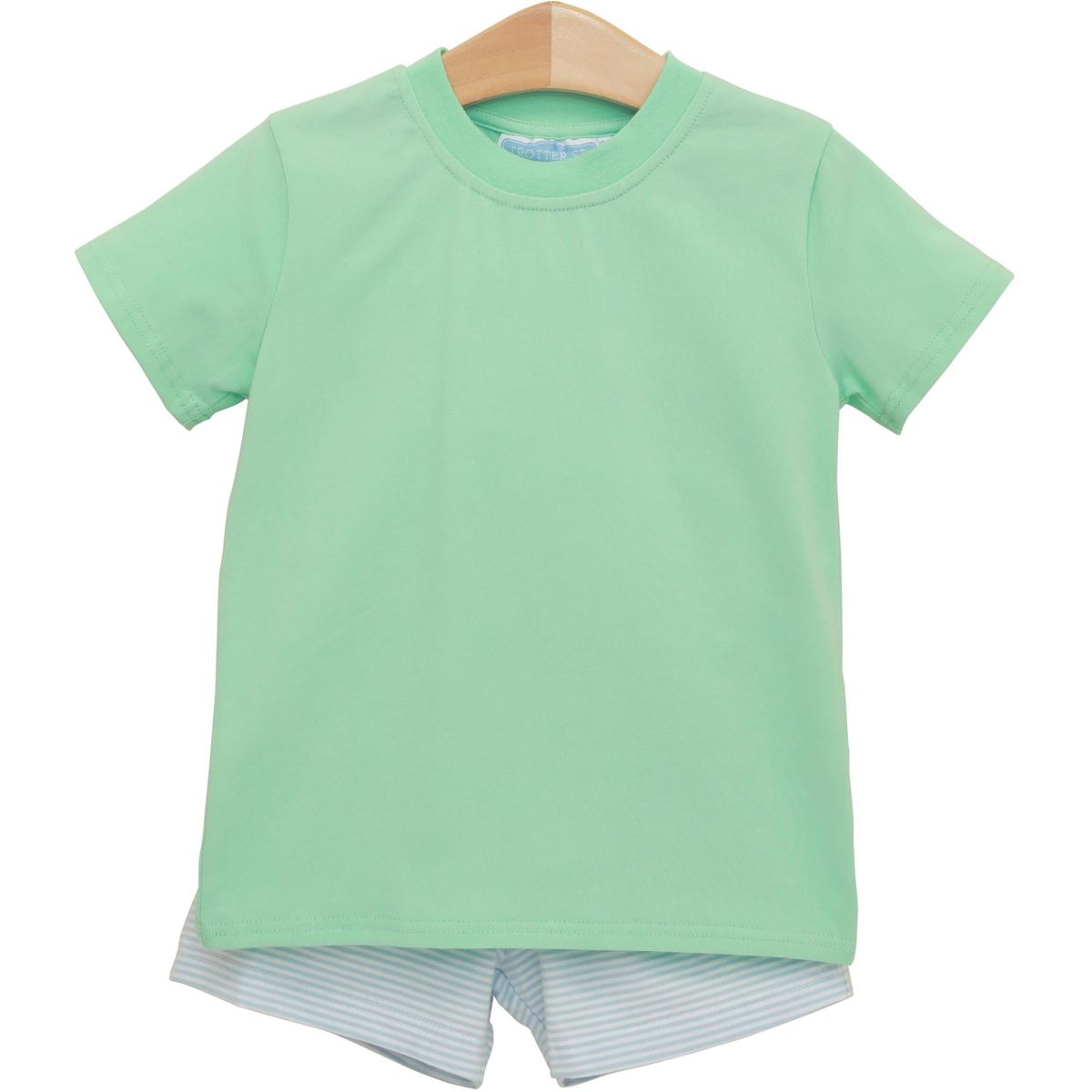 Light blue striped short set with mint accents for kids by Trotter Street, featuring a relaxed fit and comfortable design.