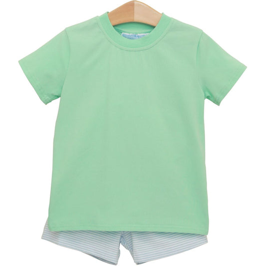Light blue striped short set with mint accents for kids by Trotter Street, featuring a relaxed fit and comfortable design.