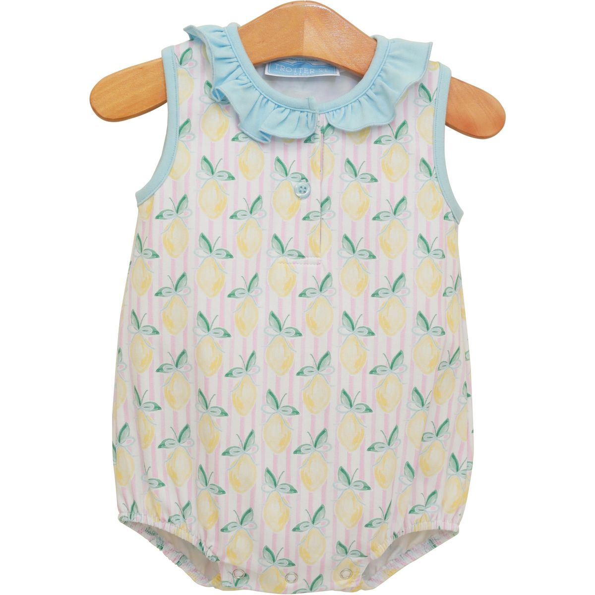 lemon print baby girl bubble with blue ruffle collar