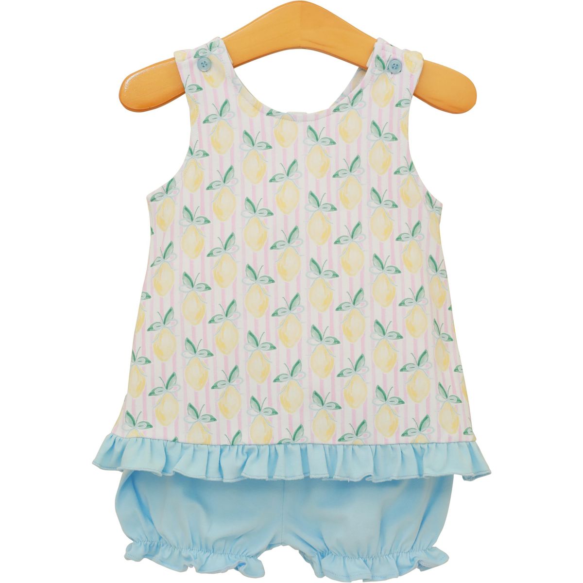 Trotter Street Squeeze the Day Bloomer Set for babies, featuring soft fabric and playful print, suitable for comfortable daily wear.