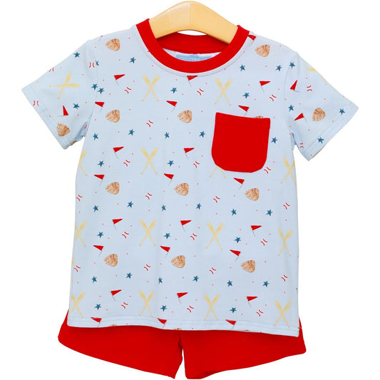 baseball print tee with red pocket and red shorts 