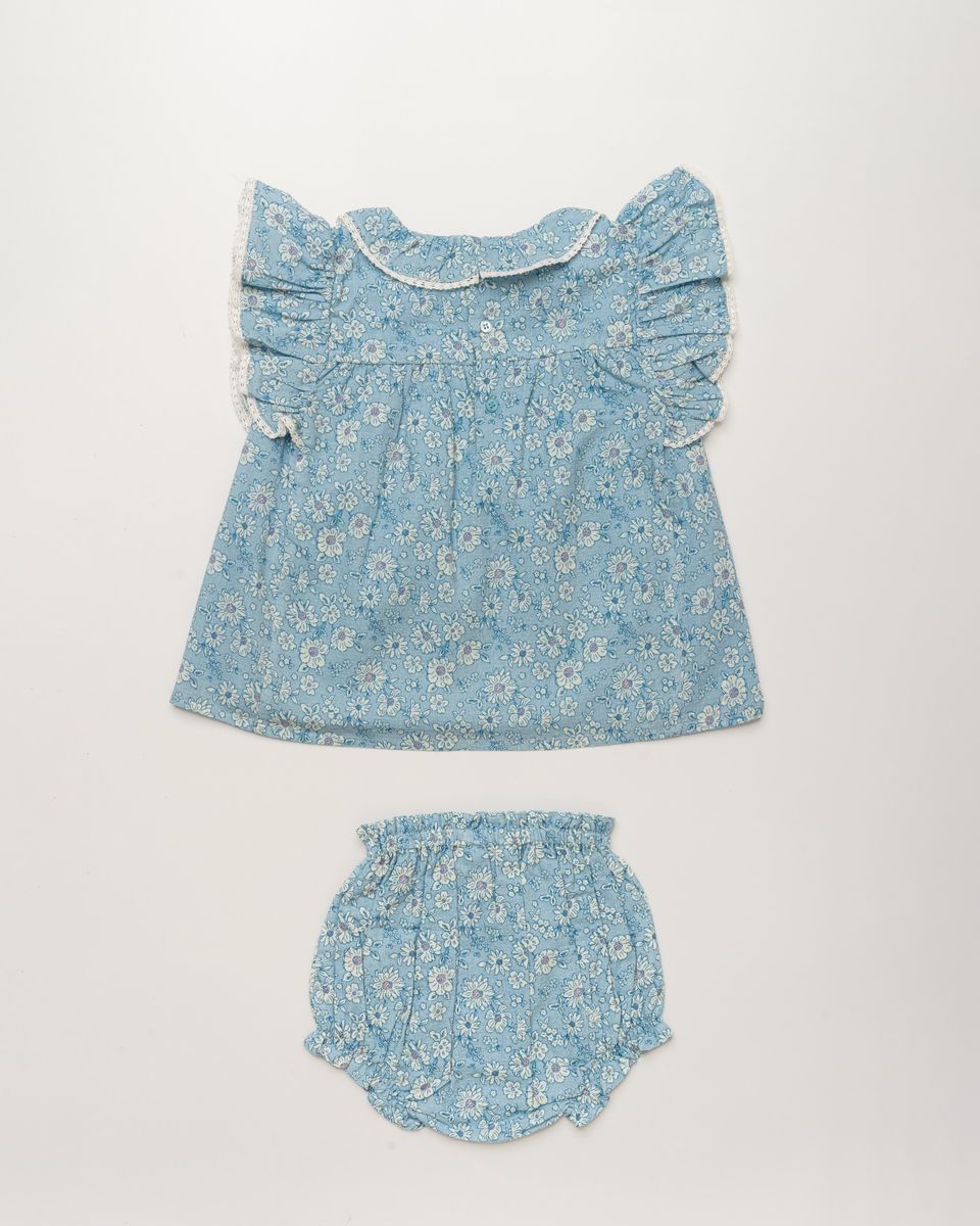 Blue floral baby dress and bloomer set by Early Sunday, featuring soft fabric and cute floral pattern for infants.