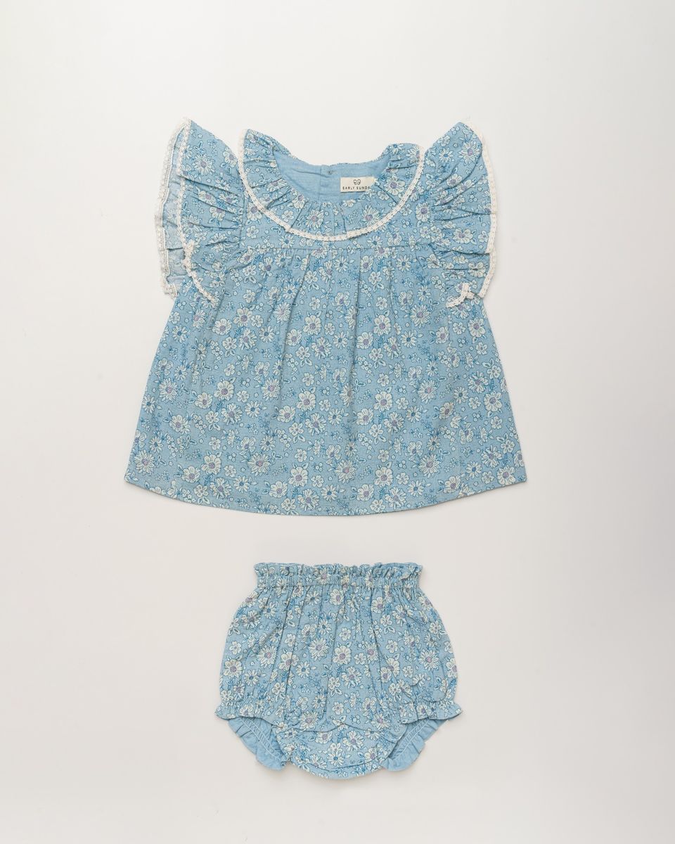 Blue floral baby dress and matching bloomer by Early Sunday, soft cotton fabric, perfect for little girls.