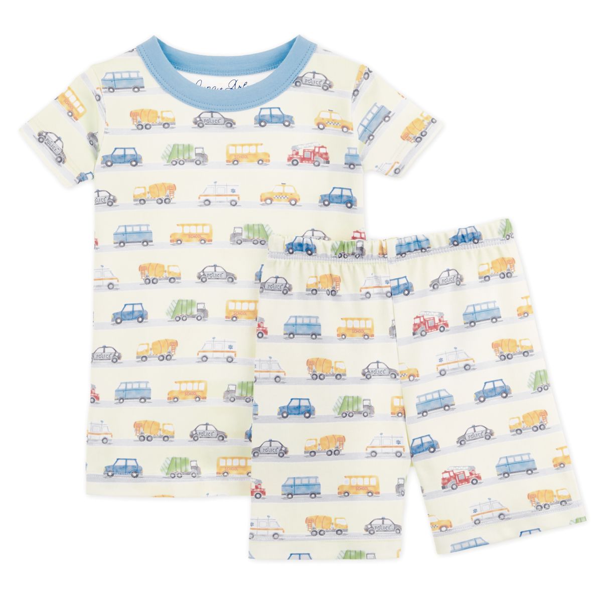 Luna + Arlo On the Go! Sky short pajamas featuring soft fabric, light blue and white pattern, perfect for comfortable sleep.
