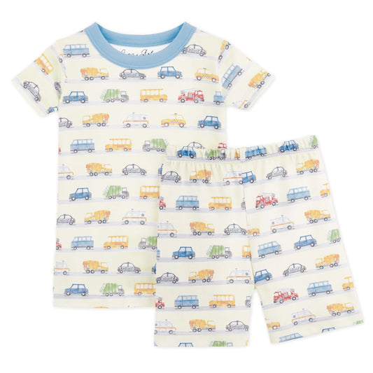 Luna + Arlo On the Go! Sky short pajamas featuring soft fabric, light blue and white pattern, perfect for comfortable sleep.