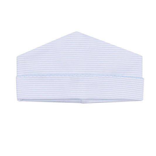 Magnolia Baby Mini Stripes Blue Hat featuring a soft fabric with blue and white stripe pattern for infants.