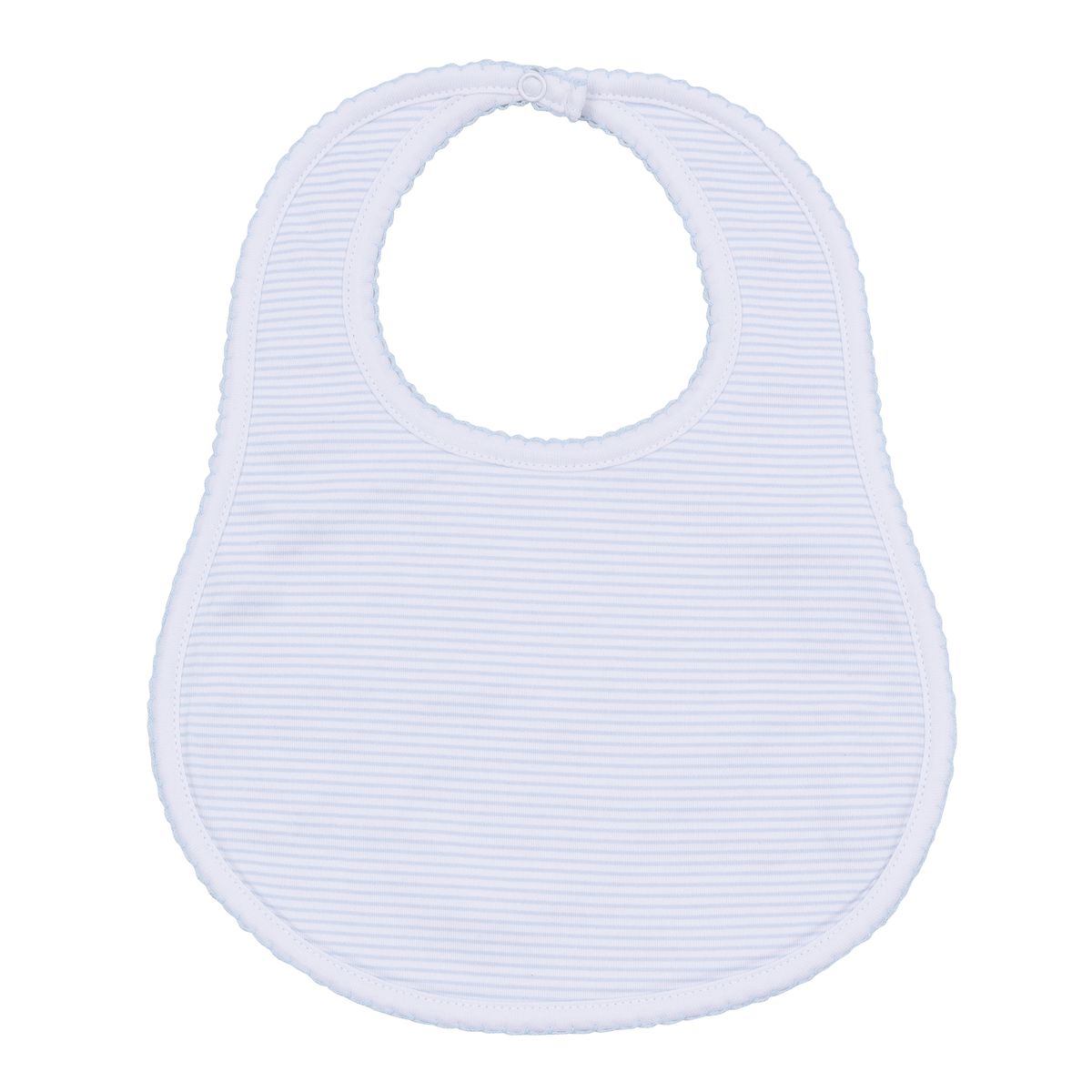 Magnolia Baby Mini Stripes Blue Bib with soft fabric and adjustable neck, perfect for feeding or teething babies.