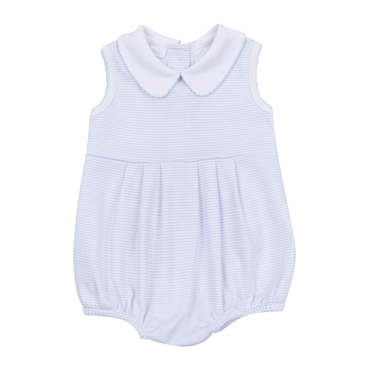 Light blue sleeveless baby bubble with mini stripes and collar from Magnolia Baby, perfect for toddler boys.