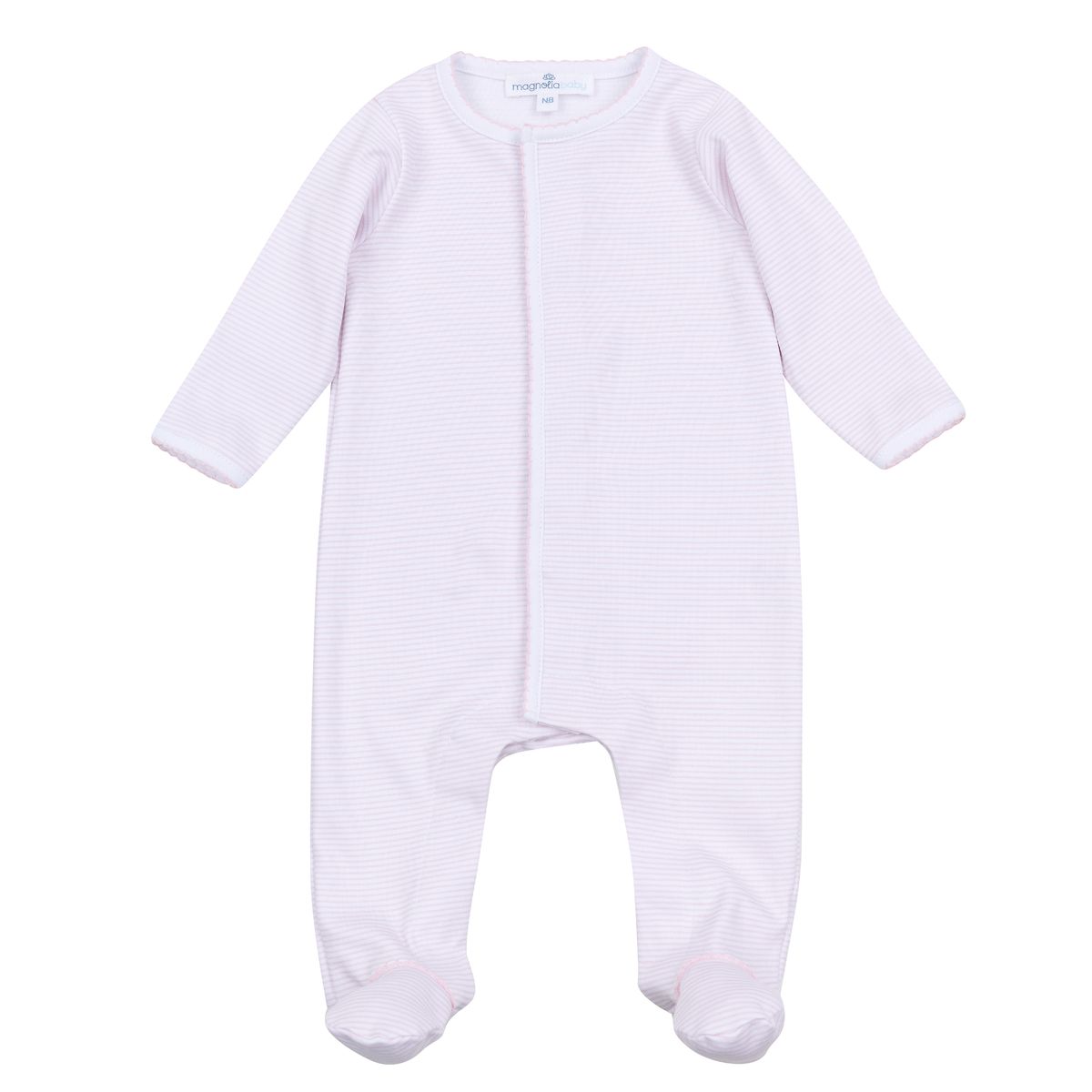 Pink and white striped Magnolia Baby mini footie with long sleeves and footed design, perfect for infants.