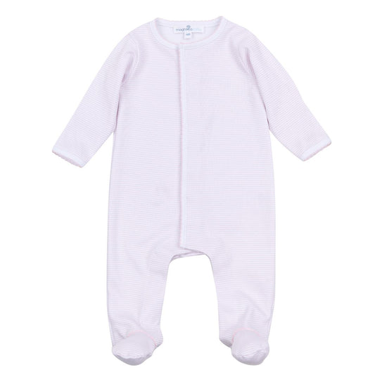 Pink and white striped Magnolia Baby mini footie with long sleeves and footed design, perfect for infants.