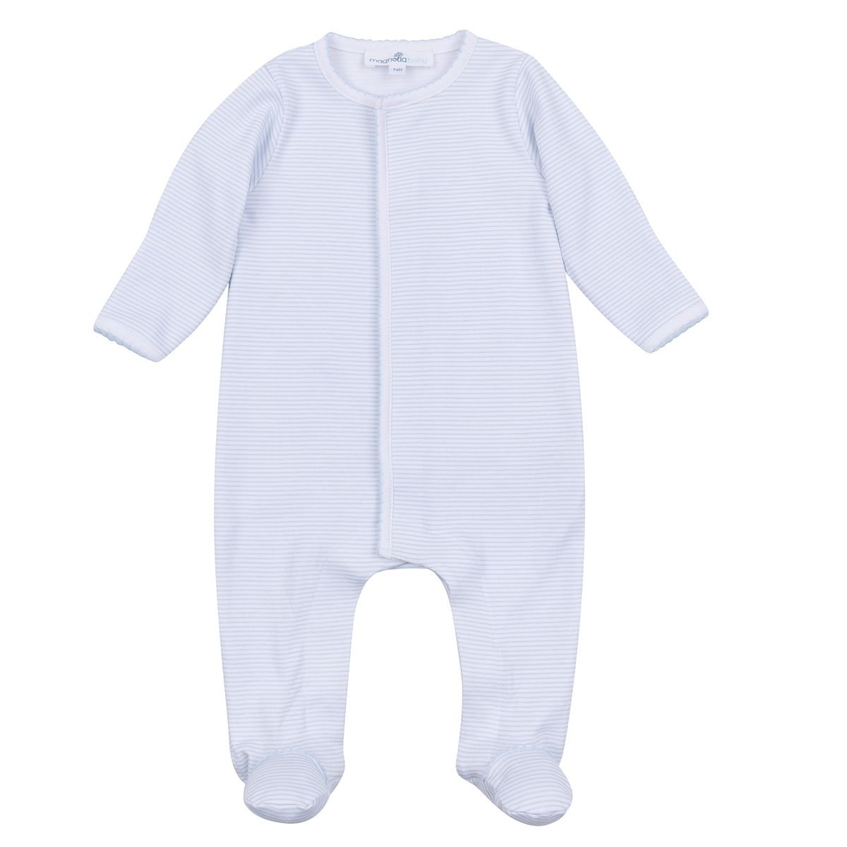 Light blue Magnolia Baby mini striped footie with long sleeves and footed design, soft and cozy for infants.