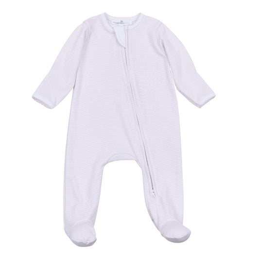 Pink striped Magnolia Baby zip footie for infants, featuring a cozy design with a front zipper and soft fabric.